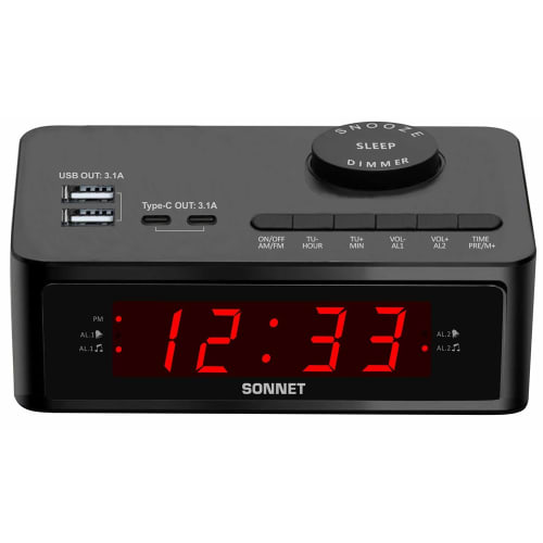 Sonnet R-1646 LED Alarm Clock with 2 USB-A and 2 USB-C Ports, Black
